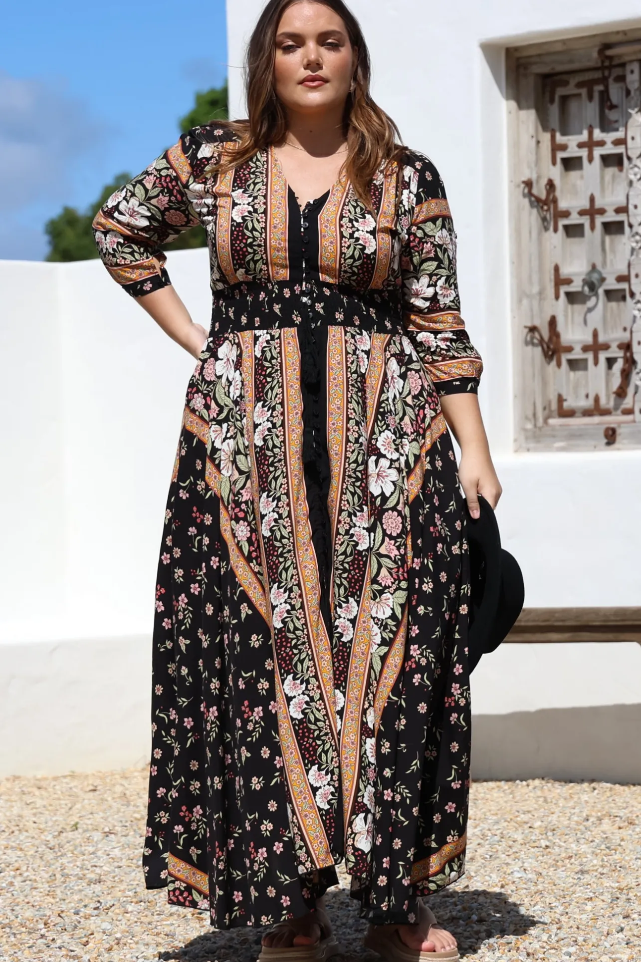 Indiana Maxi Dress - Lace Back Shirred Waist A Line Dress with Handkerchief Hemline in Eternity Print>Jaase Best