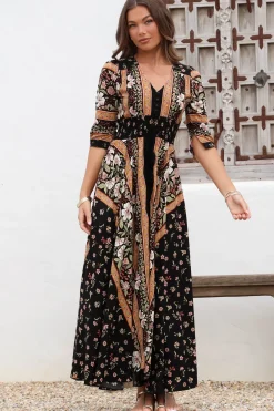 Indiana Maxi Dress - Lace Back Shirred Waist A Line Dress with Handkerchief Hemline in Eternity Print><noscript><img width=
