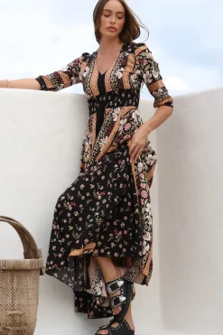 Indiana Maxi Dress - Lace Back Shirred Waist A Line Dress with Handkerchief Hemline in Eternity Print><noscript><img width=