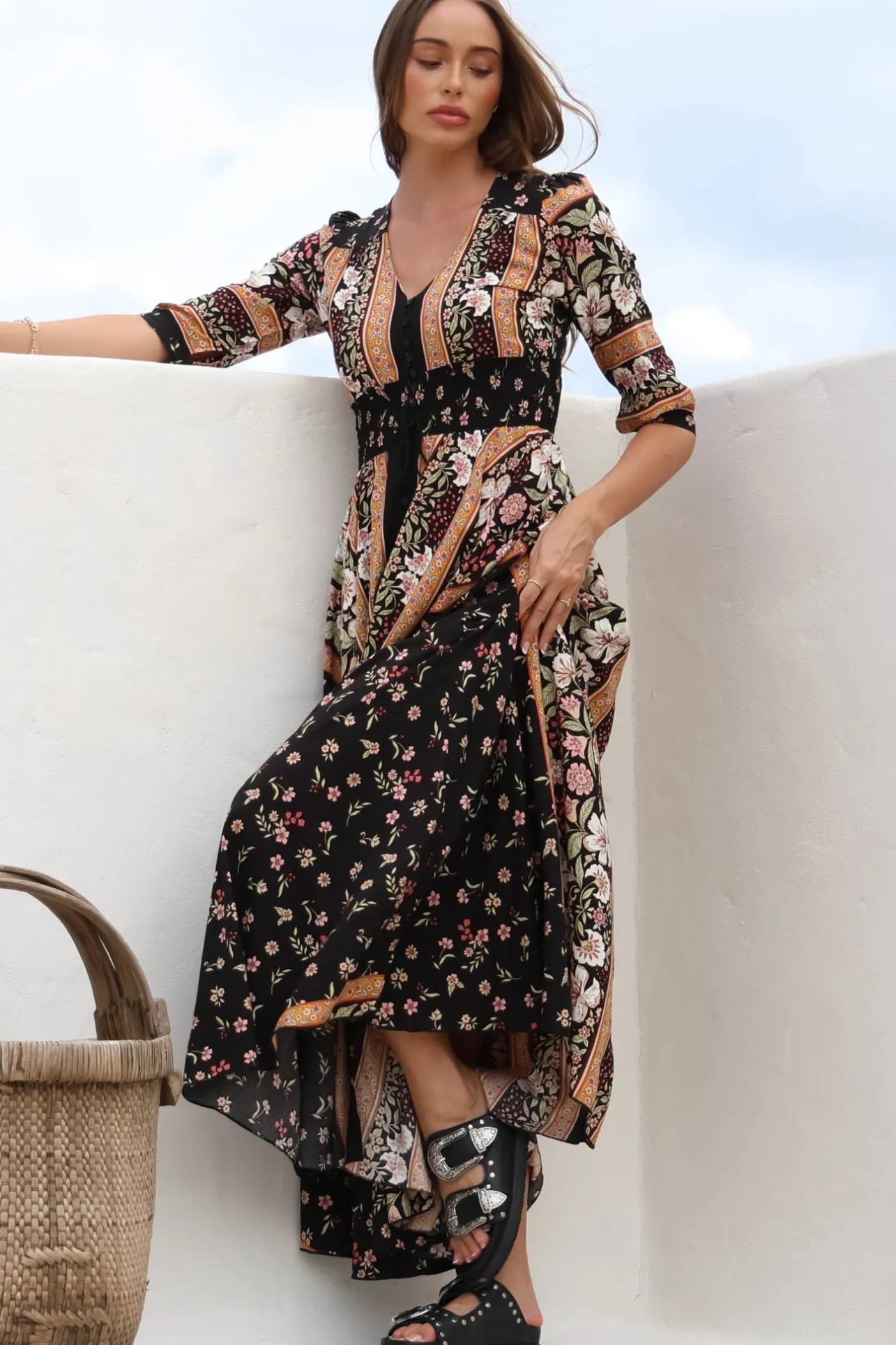 Indiana Maxi Dress - Lace Back Shirred Waist A Line Dress with Handkerchief Hemline in Eternity Print>Jaase Best