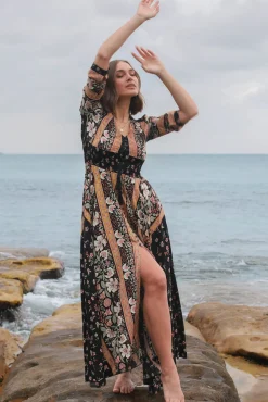 Indiana Maxi Dress - Lace Back Shirred Waist A Line Dress with Handkerchief Hemline in Eternity Print><noscript><img width=