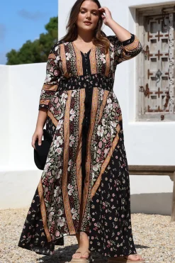 Indiana Maxi Dress - Lace Back Shirred Waist A Line Dress with Handkerchief Hemline in Eternity Print><noscript><img width=