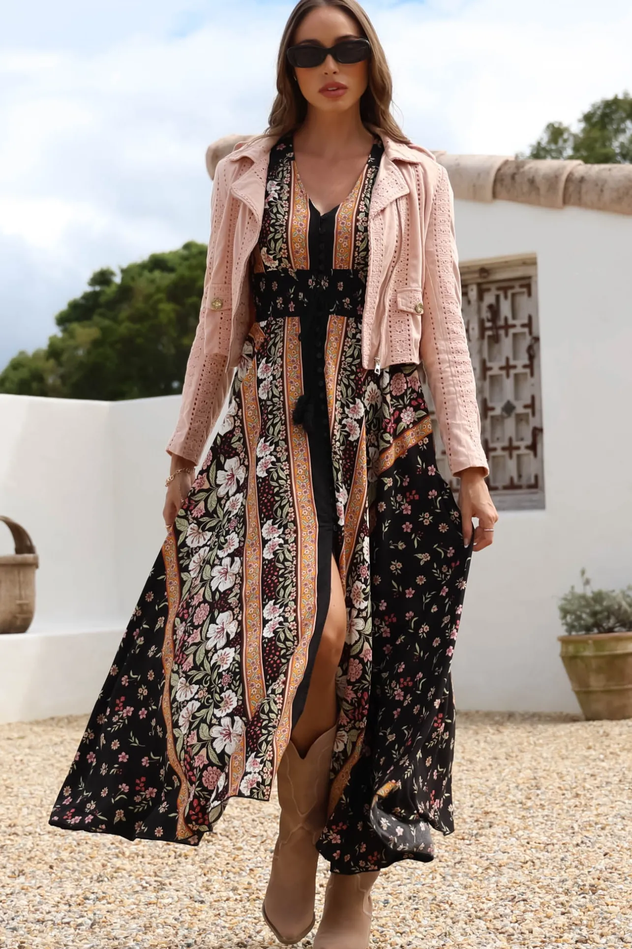 Indiana Maxi Dress - Lace Back Shirred Waist A Line Dress with Handkerchief Hemline in Eternity Print>Jaase Best