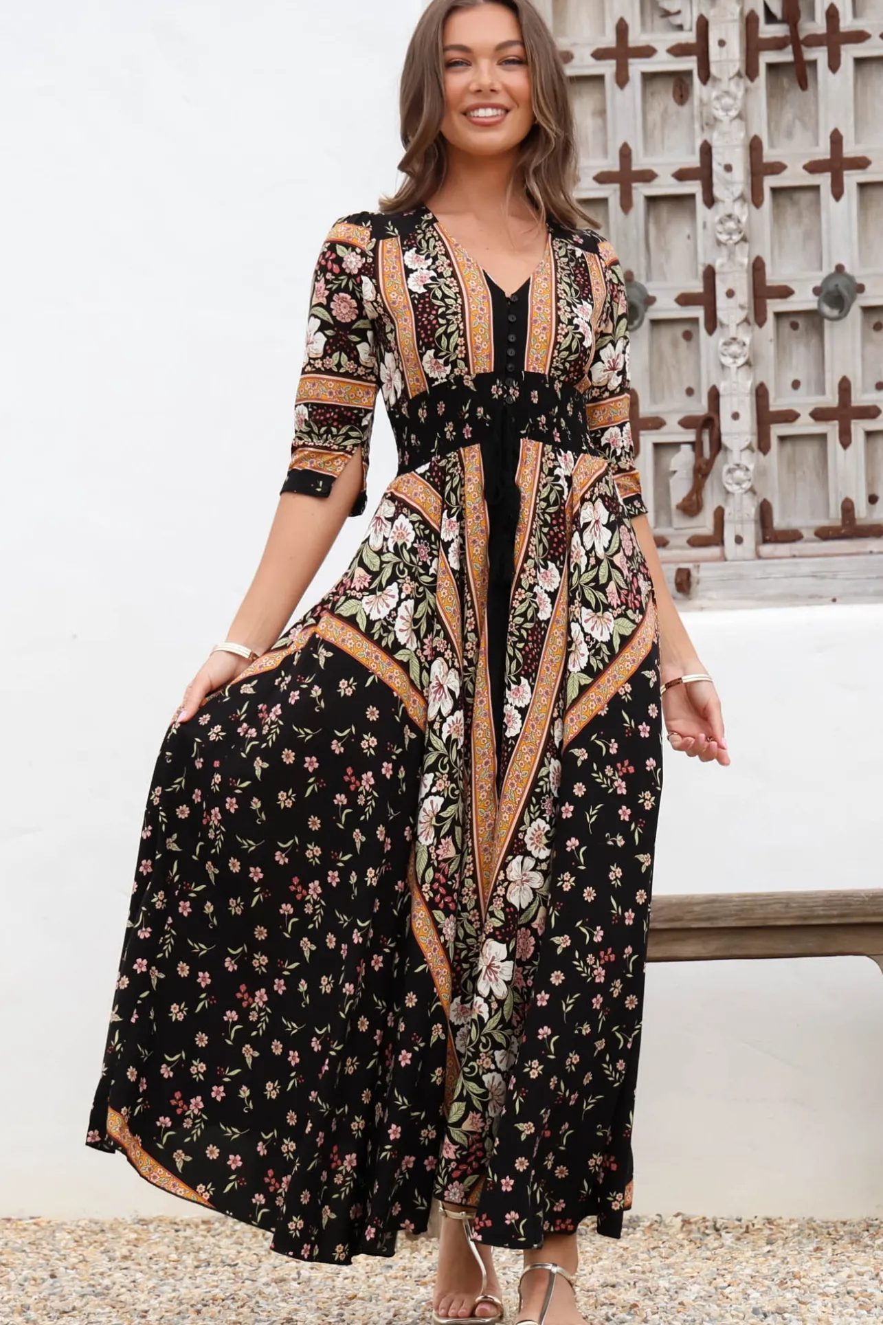 Indiana Maxi Dress - Lace Back Shirred Waist A Line Dress with Handkerchief Hemline in Eternity Print>Jaase Best