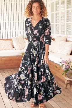 Indiana Maxi Dress - Lace Back Shirred Waist A Line Dress with Handkerchief Hemline in Under The Stars Print><noscript><img width=