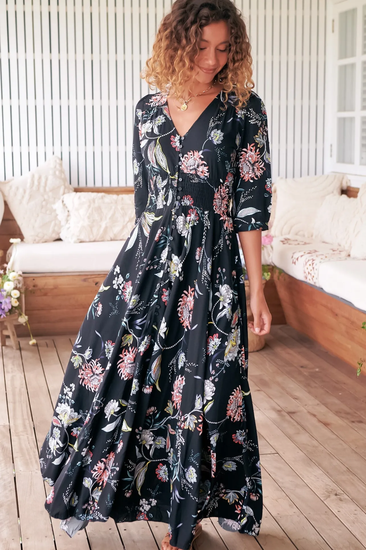 Indiana Maxi Dress - Lace Back Shirred Waist A Line Dress with Handkerchief Hemline in Under The Stars Print>Jaase Outlet