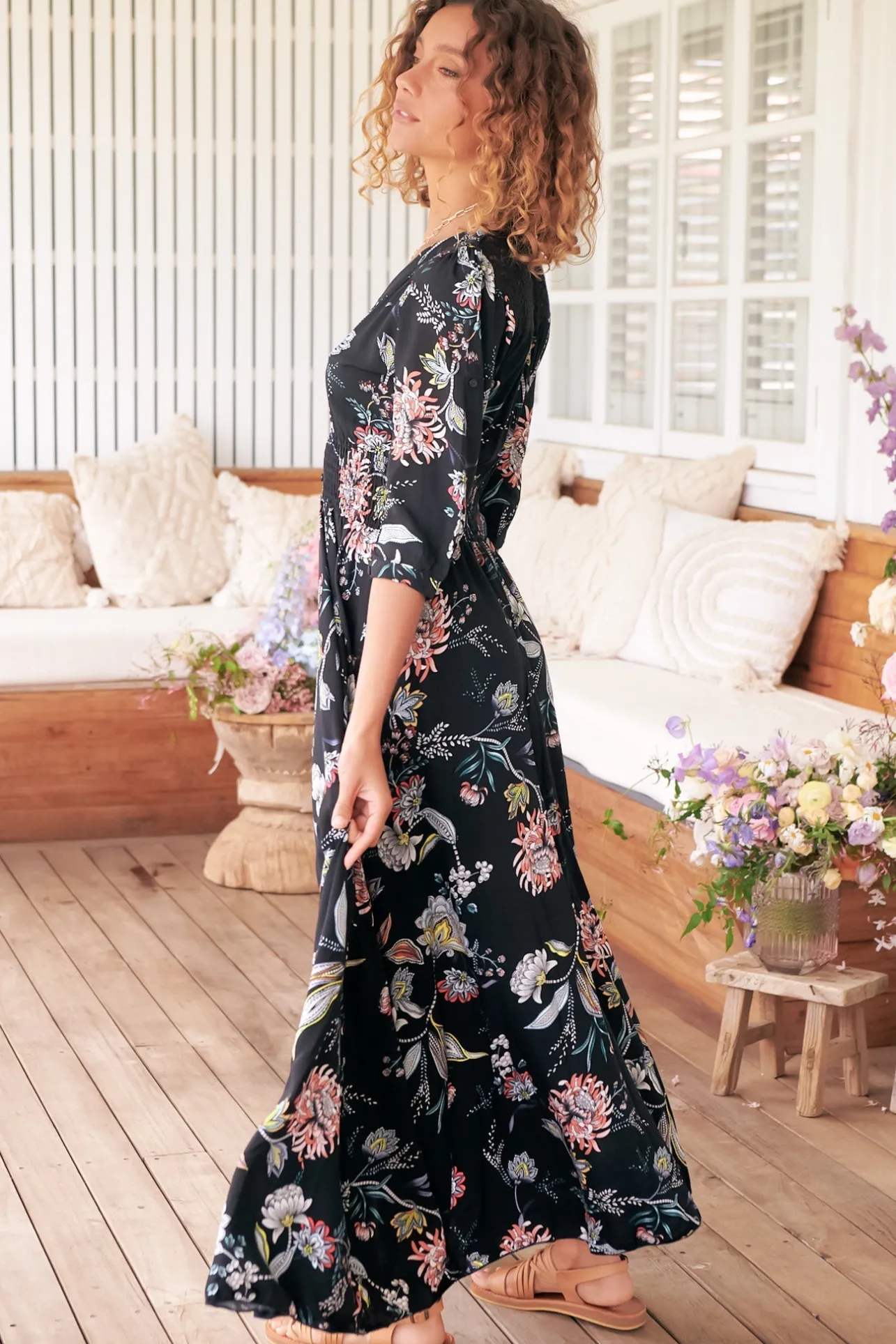 Indiana Maxi Dress - Lace Back Shirred Waist A Line Dress with Handkerchief Hemline in Under The Stars Print>Jaase Outlet