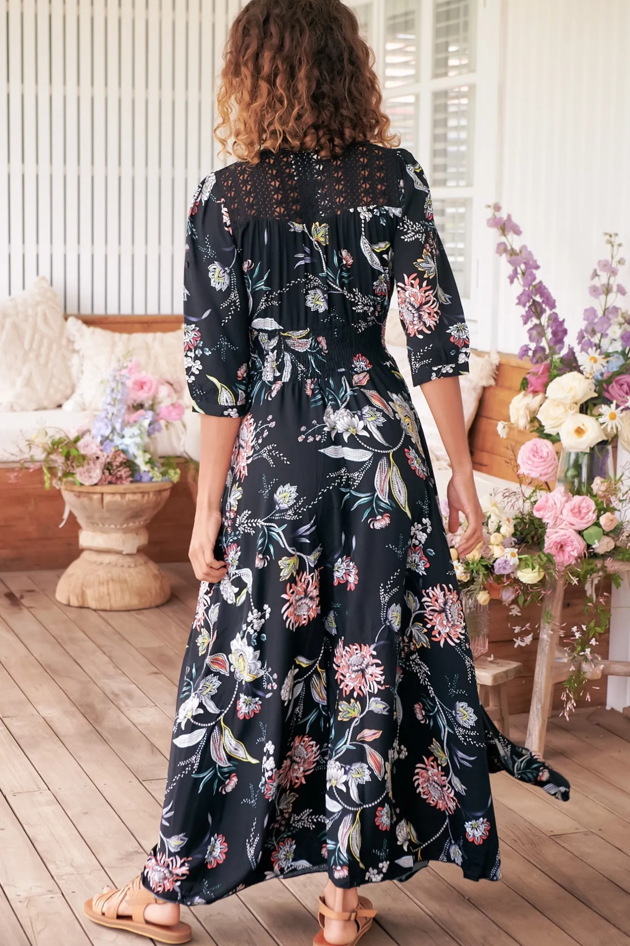 Indiana Maxi Dress - Lace Back Shirred Waist A Line Dress with Handkerchief Hemline in Under The Stars Print>Jaase Outlet