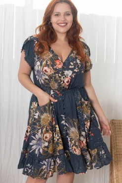 Indigo Mini Dress - Butterfly Cap Sleeve Button Down Dress With Pockets><noscript><img width=