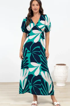 Ione Maxi Dress - V-Neck Empire Line Dress with Waist Tie in Mystic Print>Salty Crush New