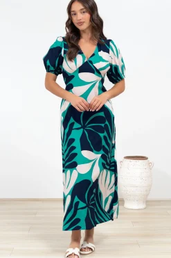 Ione Maxi Dress - V-Neck Empire Line Dress with Waist Tie in Mystic Print>Salty Crush New