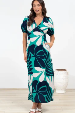 Ione Maxi Dress - V-Neck Empire Line Dress with Waist Tie in Mystic Print><noscript><img width=