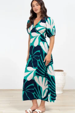 Ione Maxi Dress - V-Neck Empire Line Dress with Waist Tie in Mystic Print><noscript><img width=