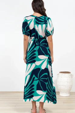 Ione Maxi Dress - V-Neck Empire Line Dress with Waist Tie in Mystic Print><noscript><img width=