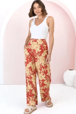 Ione Pants - Fitted High Waisted Wide Leg Pants in Mistle Print><noscript><img width=