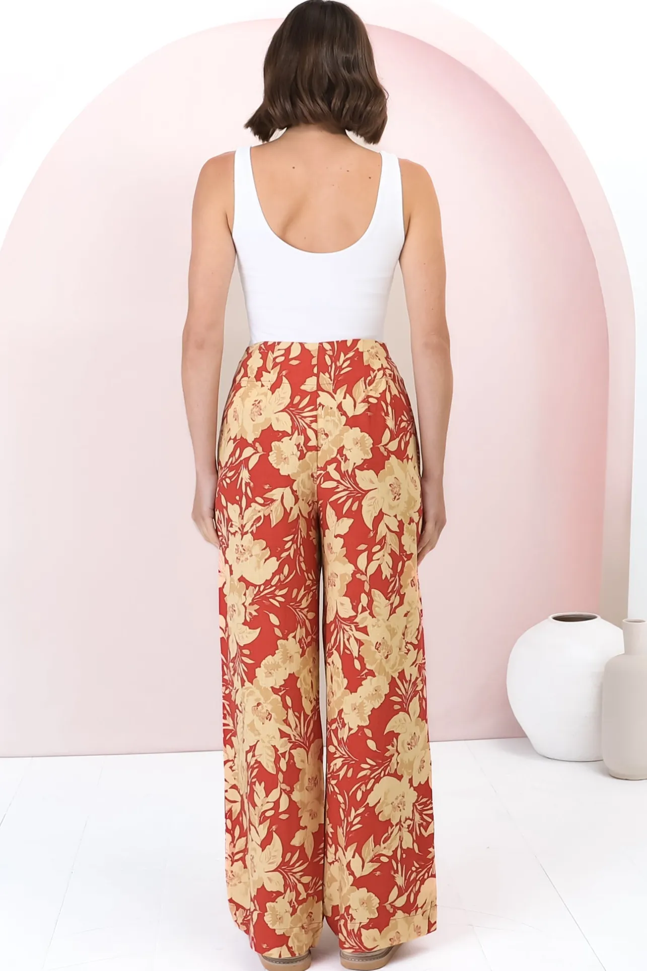 Ione Pants - Fitted High Waisted Wide Leg Pants in Mistle Print>Salty Crush Clearance