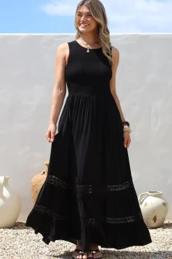 Irene Maxi Dress - Sleeveless Shirred Bodice Dress with Lace Inserts in Black>Salty Crush Hot