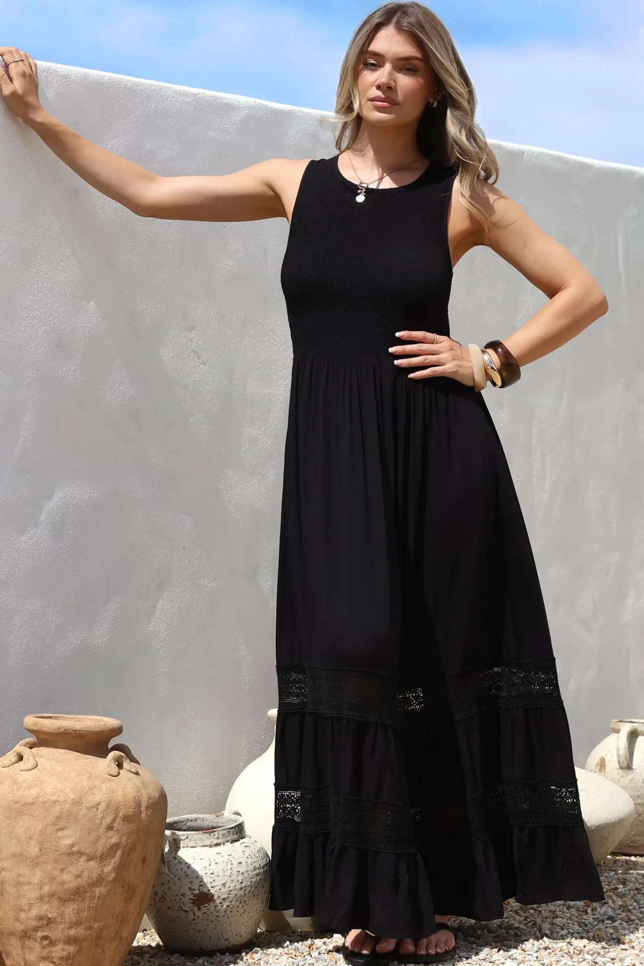 Irene Maxi Dress - Sleeveless Shirred Bodice Dress with Lace Inserts in Black>Salty Crush Hot