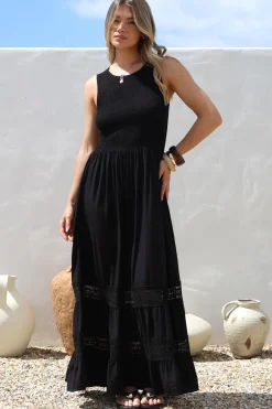 Irene Maxi Dress - Sleeveless Shirred Bodice Dress with Lace Inserts in Black><noscript><img width=