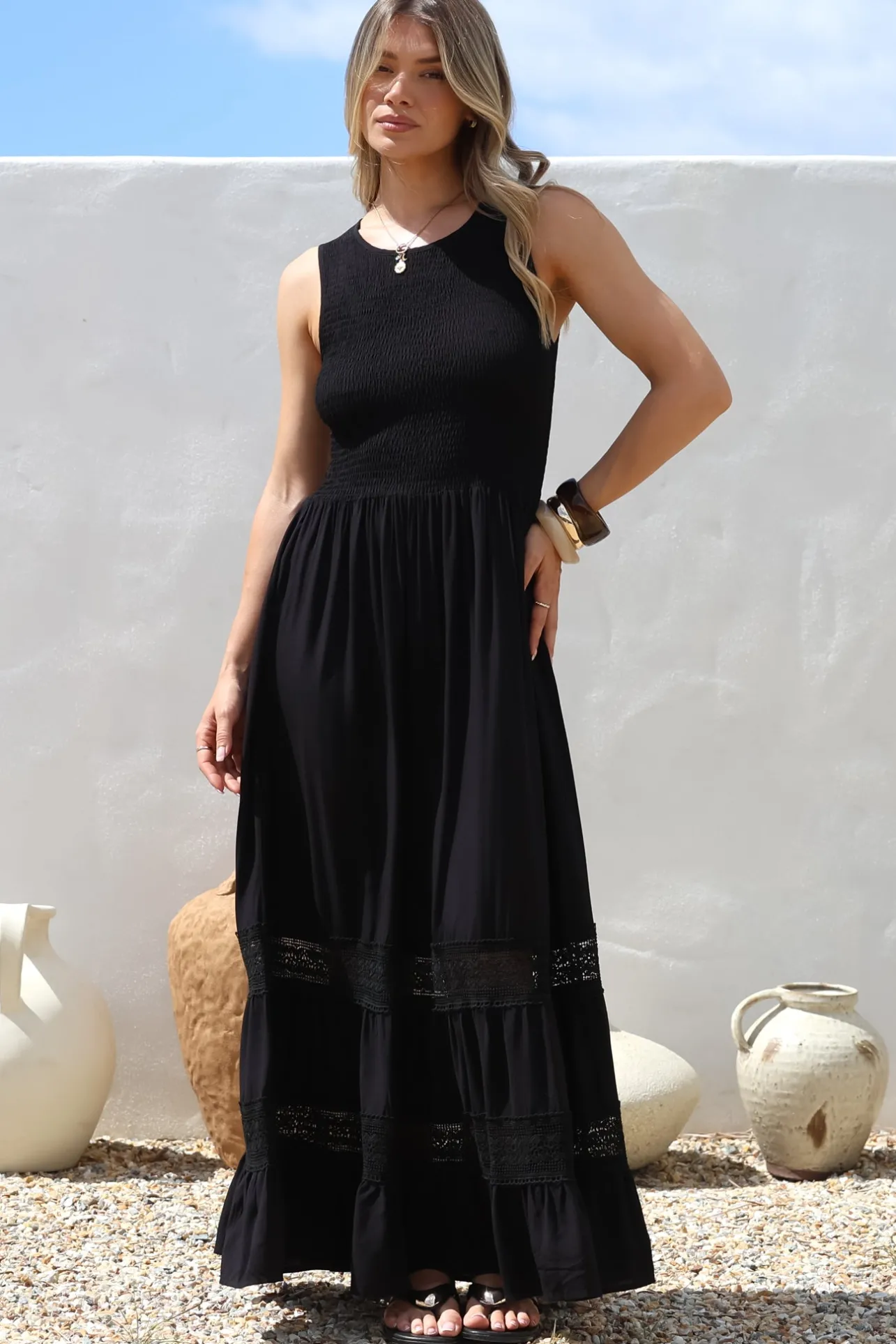 Irene Maxi Dress - Sleeveless Shirred Bodice Dress with Lace Inserts in Black>Salty Crush Hot