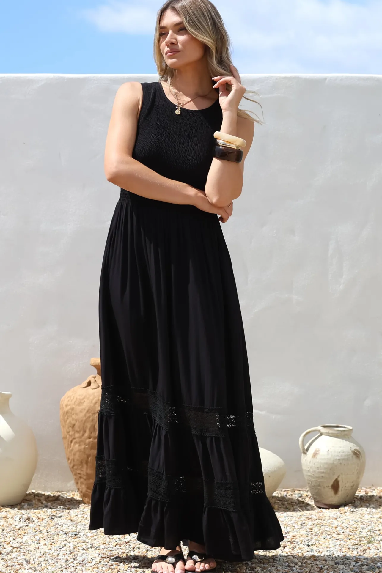 Irene Maxi Dress - Sleeveless Shirred Bodice Dress with Lace Inserts in Black>Salty Crush Hot