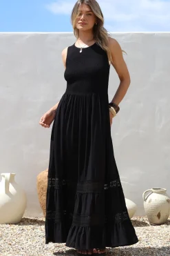 Irene Maxi Dress - Sleeveless Shirred Bodice Dress with Lace Inserts in Black><noscript><img width=