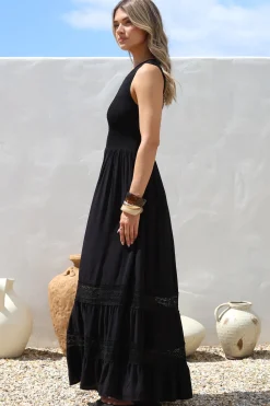 Irene Maxi Dress - Sleeveless Shirred Bodice Dress with Lace Inserts in Black><noscript><img width=