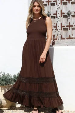 Irene Maxi Dress - Sleeveless Shirred Bodice Dress with Lace Inserts in Chocolate><noscript><img width=