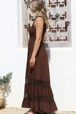 Irene Maxi Dress - Sleeveless Shirred Bodice Dress with Lace Inserts in Chocolate><noscript><img width=