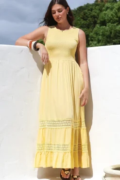 Irene Maxi Dress - Sleeveless Shirred Bodice Dress with Lace Inserts in Lemon><noscript><img width=