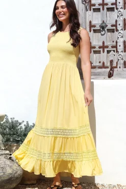 Irene Maxi Dress - Sleeveless Shirred Bodice Dress with Lace Inserts in Lemon><noscript><img width=