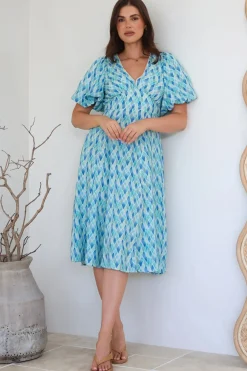 Irisa Midi Dress - Lace Trim V-Neck A-Line Dress with Balloon Sleeves in Pasha Print>Salty Crush Discount
