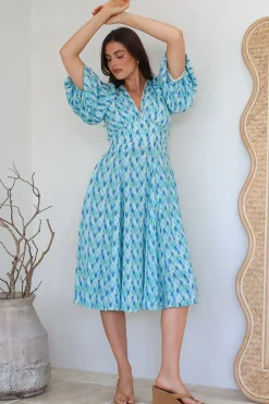Irisa Midi Dress - Lace Trim V-Neck A-Line Dress with Balloon Sleeves in Pasha Print><noscript><img width=