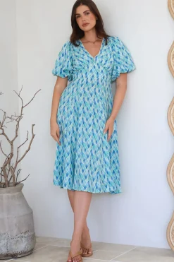 Irisa Midi Dress - Lace Trim V-Neck A-Line Dress with Balloon Sleeves in Pasha Print><noscript><img width=