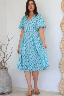 Irisa Midi Dress - Lace Trim V-Neck A-Line Dress with Balloon Sleeves in Pasha Print><noscript><img width=