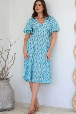 Irisa Midi Dress - Lace Trim V-Neck A-Line Dress with Balloon Sleeves in Pasha Print><noscript><img width=