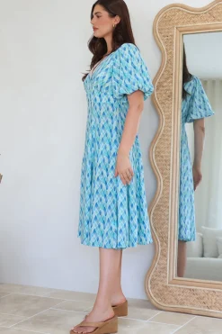 Irisa Midi Dress - Lace Trim V-Neck A-Line Dress with Balloon Sleeves in Pasha Print><noscript><img width=