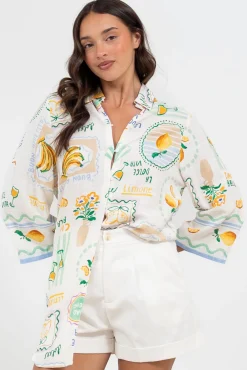 Isadora Mini Dress - Collared Button-Down Shirt Dress with Wide Sleeves in Limone Print>Salty Crush Clearance