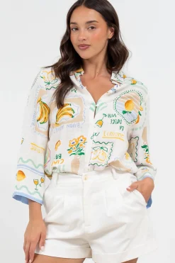 Isadora Mini Dress - Collared Button-Down Shirt Dress with Wide Sleeves in Limone Print><noscript><img width=