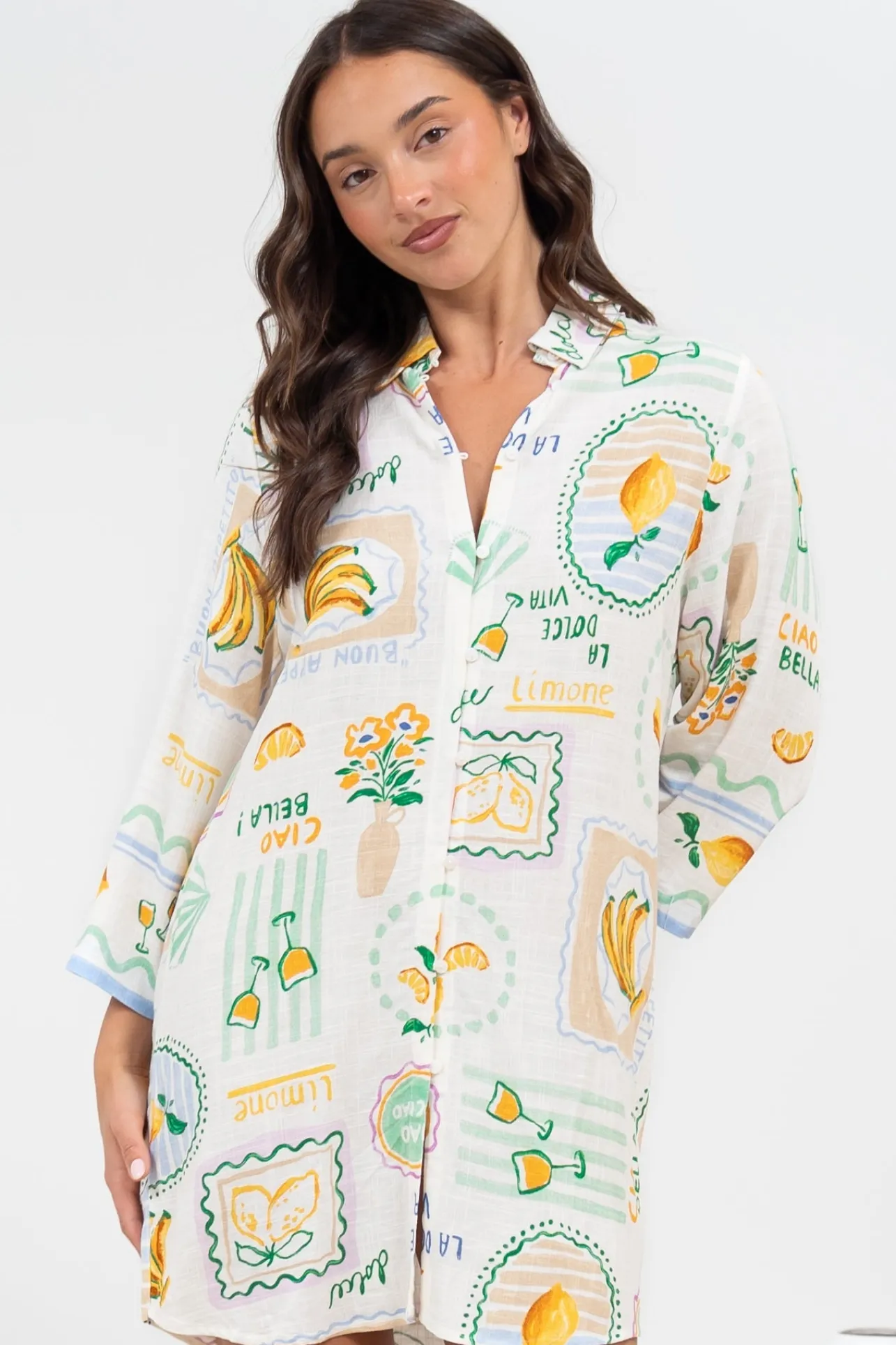 Isadora Mini Dress - Collared Button-Down Shirt Dress with Wide Sleeves in Limone Print>Salty Crush Clearance