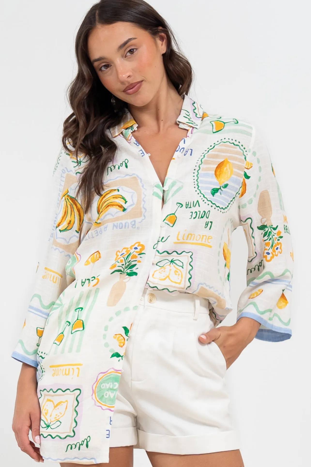 Isadora Mini Dress - Collared Button-Down Shirt Dress with Wide Sleeves in Limone Print>Salty Crush Clearance