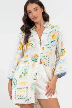 Isadora Mini Dress - Collared Button-Down Shirt Dress with Wide Sleeves in Limone Print><noscript><img width=