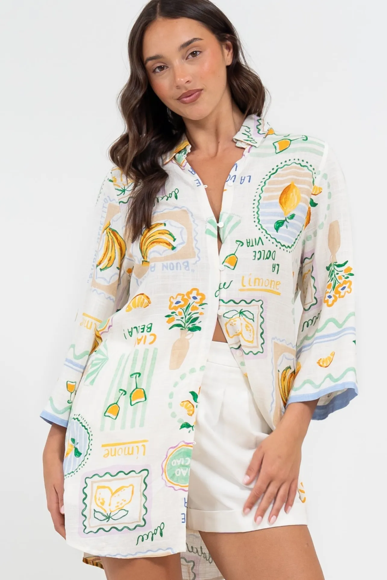 Isadora Mini Dress - Collared Button-Down Shirt Dress with Wide Sleeves in Limone Print>Salty Crush Clearance