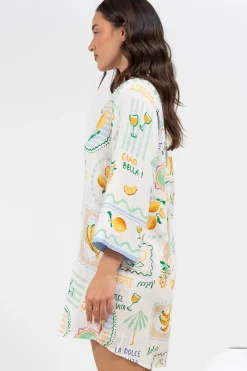Isadora Mini Dress - Collared Button-Down Shirt Dress with Wide Sleeves in Limone Print><noscript><img width=