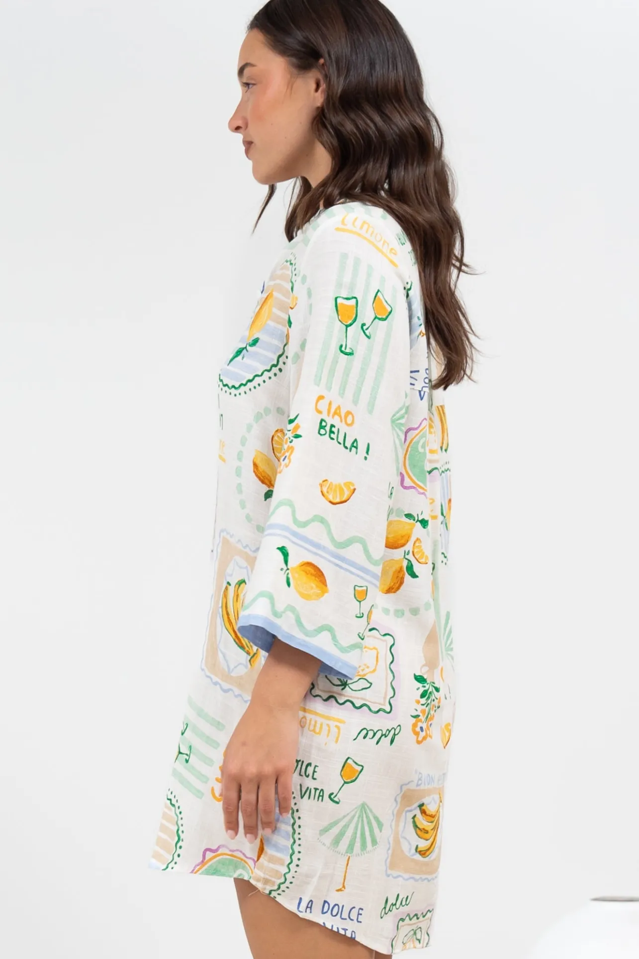 Isadora Mini Dress - Collared Button-Down Shirt Dress with Wide Sleeves in Limone Print>Salty Crush Clearance