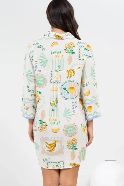 Isadora Mini Dress - Collared Button-Down Shirt Dress with Wide Sleeves in Limone Print><noscript><img width=