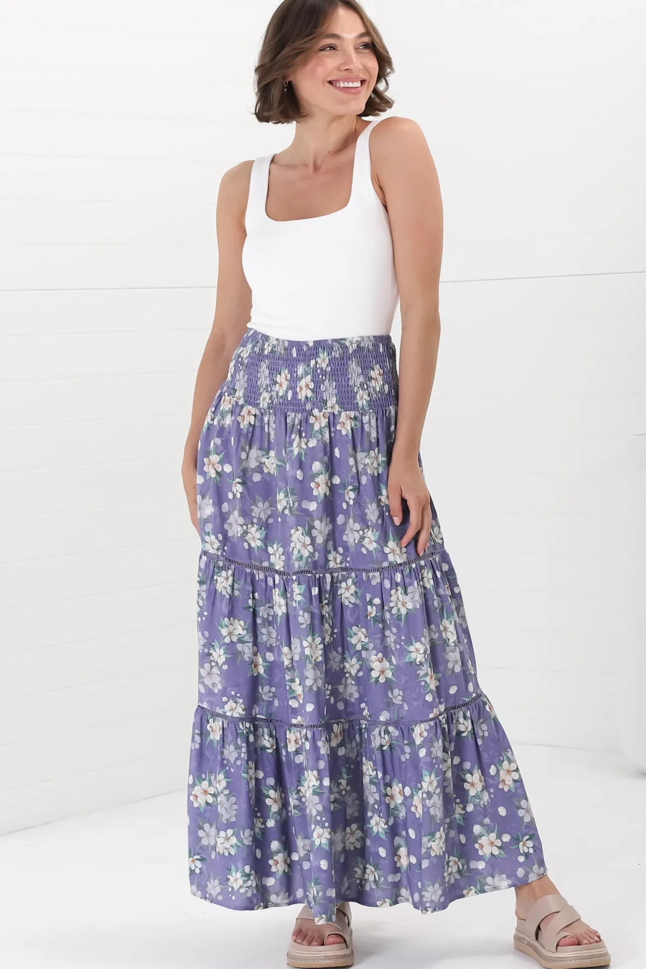Ishaka Maxi Skirt/Midi Dress - Shirred Waistband Tiered Skirt or Dress in Floral Print>Salty Crush Hot