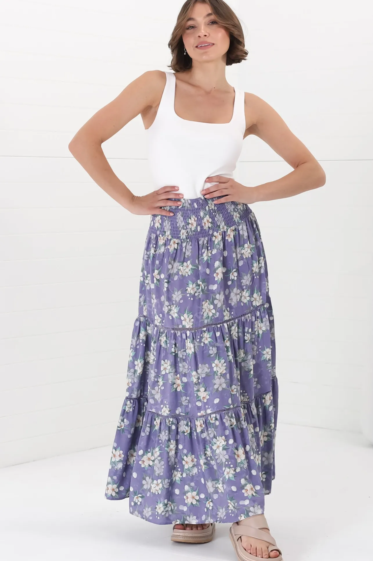 Ishaka Maxi Skirt/Midi Dress - Shirred Waistband Tiered Skirt or Dress in Floral Print>Salty Crush Hot