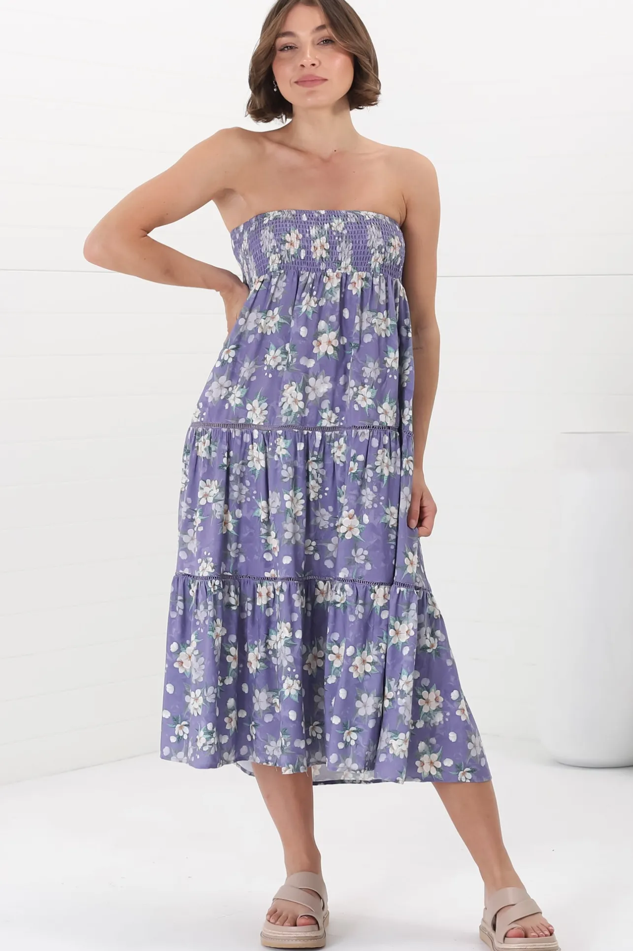 Ishaka Maxi Skirt/Midi Dress - Shirred Waistband Tiered Skirt or Dress in Floral Print>Salty Crush Hot