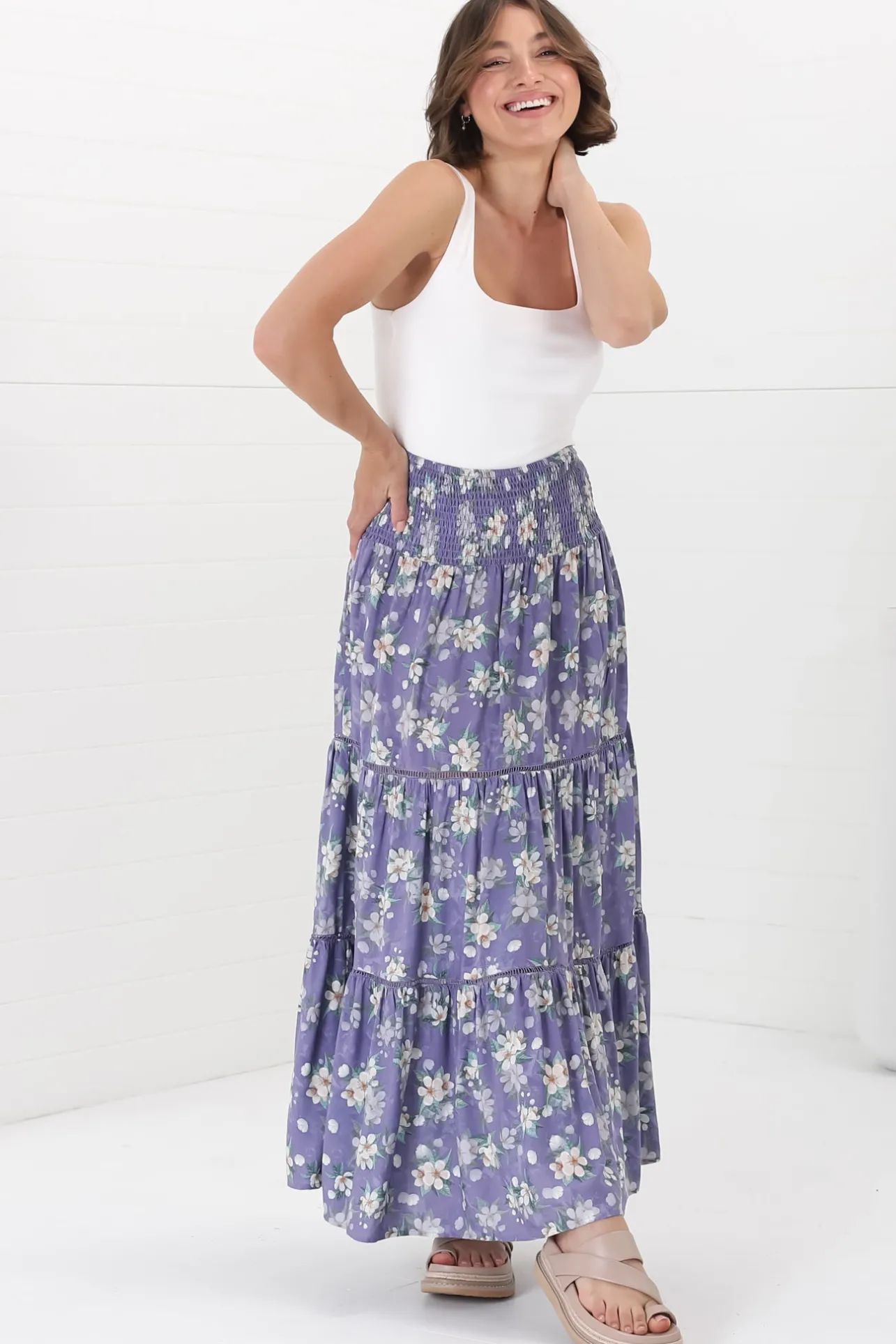 Ishaka Maxi Skirt/Midi Dress - Shirred Waistband Tiered Skirt or Dress in Floral Print>Salty Crush Hot